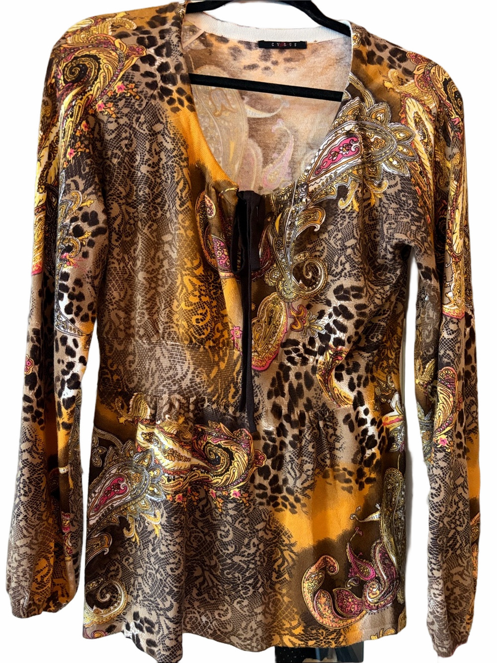 Cyrus , Vintage Y2K mixed print tunic sweater featuring fall colors and print. S